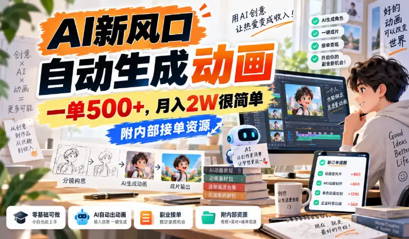 AI新风口，自动生成动画，一单500+，月入2W很简单，附内部接单资源【揭秘】 - 青心资源站