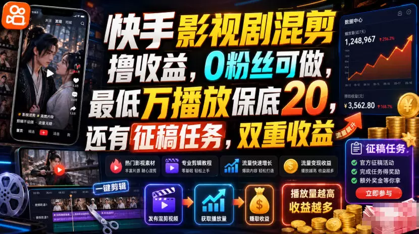 快手影视剧混剪撸收益,0粉丝可做,最低万播放保底20,还有征稿任务,双重收益 快手影视剧混剪撸收益,0粉丝可做,最低万播放保底20,还有征稿任务,双重收益