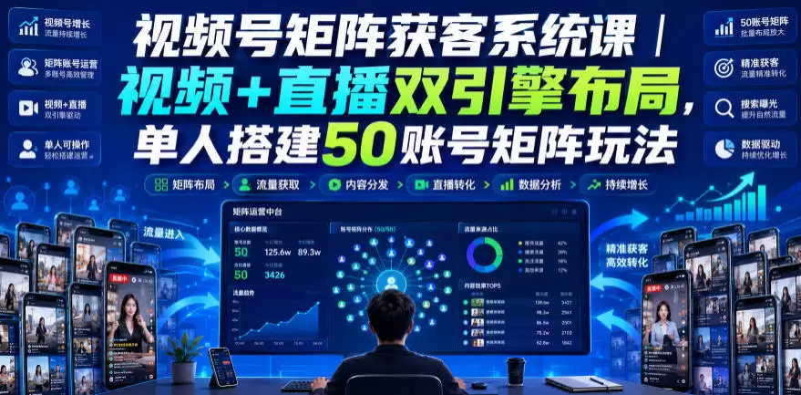 视频号矩阵获客系统课｜视频+直播双引擎布局，单人搭建50账号矩阵玩法，流量入池、搜索占位、全域引流沉淀私域全流程教学|青心网创站