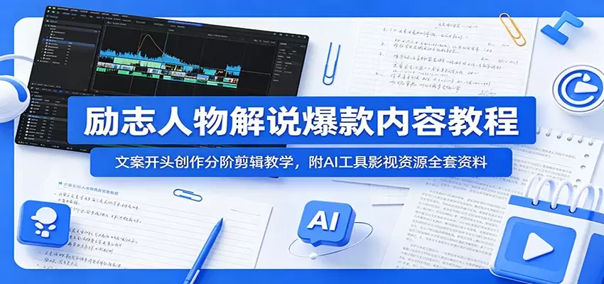 励志人物解说爆款内容教程：文案开头创作分阶剪辑教学，附AI 工具影视资源全套资料|青心网创站