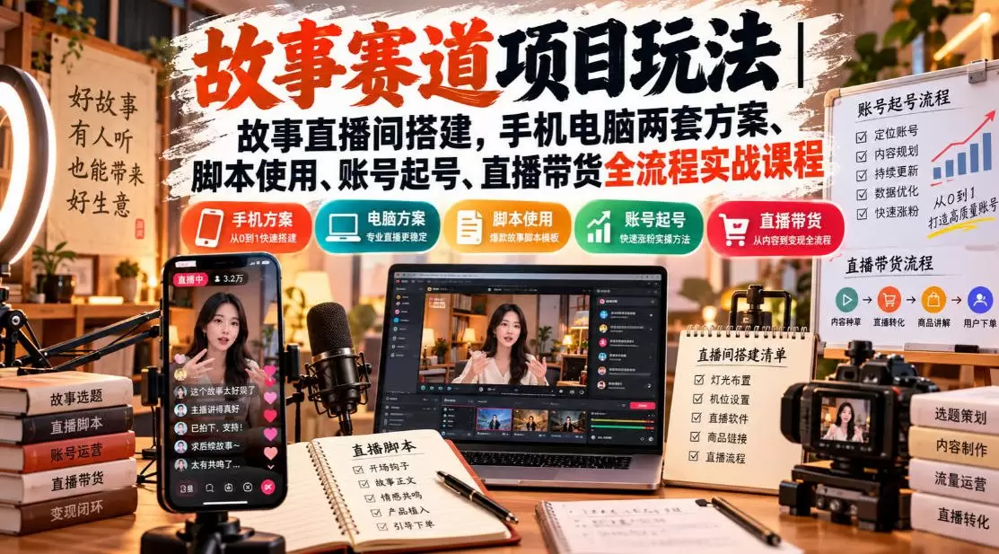 故事赛道项目玩法｜故事直播间搭建，手机电脑两套方案、脚本使用、账号起号、直播带货全流程实战课程 - 青心资源站