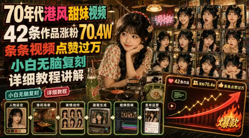 70年代港风甜妹视频，42条作品涨粉70.4W，条条视频点赞过万，小白无脑复刻，详细教程讲解|青心网创站