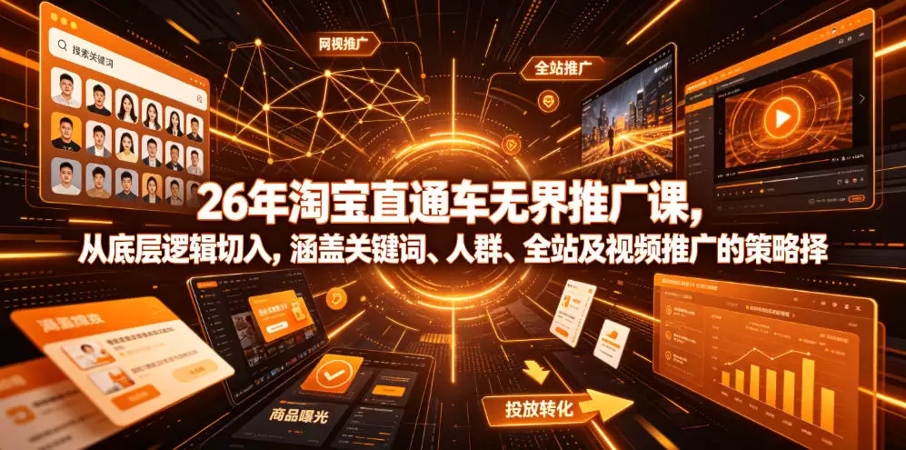 26年淘宝直通车无界推广课，从底层逻辑切入，涵盖关键词、人群、全站及视频推广的策略选择|青心网创站