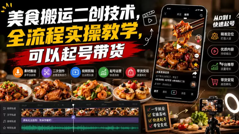 美食搬运二创技术，全流程实操教学，可以起号带货|青心网创站