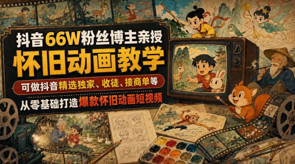 抖音66W粉丝博主亲授怀旧动画教学，可做抖音精选独家、收徒、接商单等，从零基础打造爆款怀旧动画短视频|青心网创站