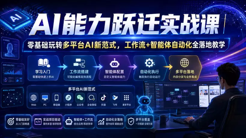 AI能力跃迁实战课｜零基础玩转多平台AI新范式，工作流+智能体自动化全落地教学|青心网创站