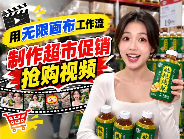 无限画布超市促销抢购视频工作流，一键产出TikTok抖音带货短视频 - 青心资源站