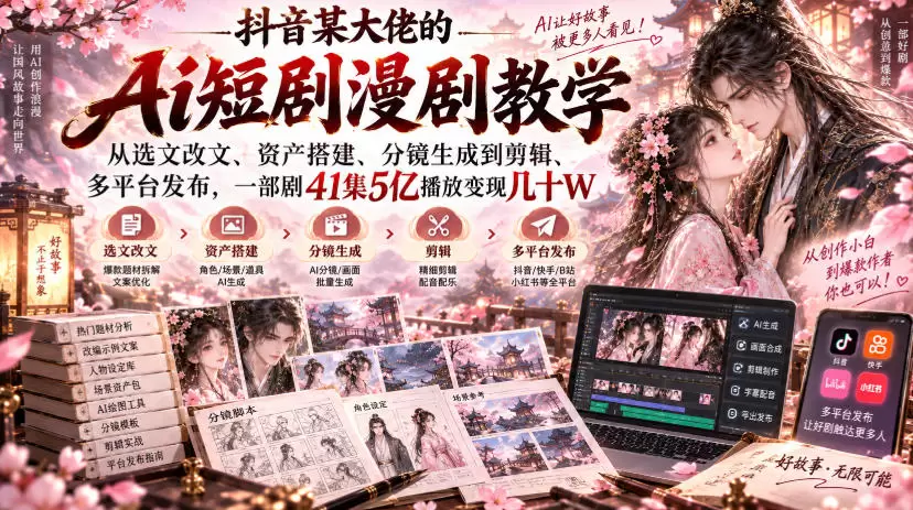 抖音某大佬的Ai短剧漫剧教学，从选文改文、资产搭建、分镜生成到剪辑、多平台发布，一部剧41集5亿播放变现几十W - 青心资源站