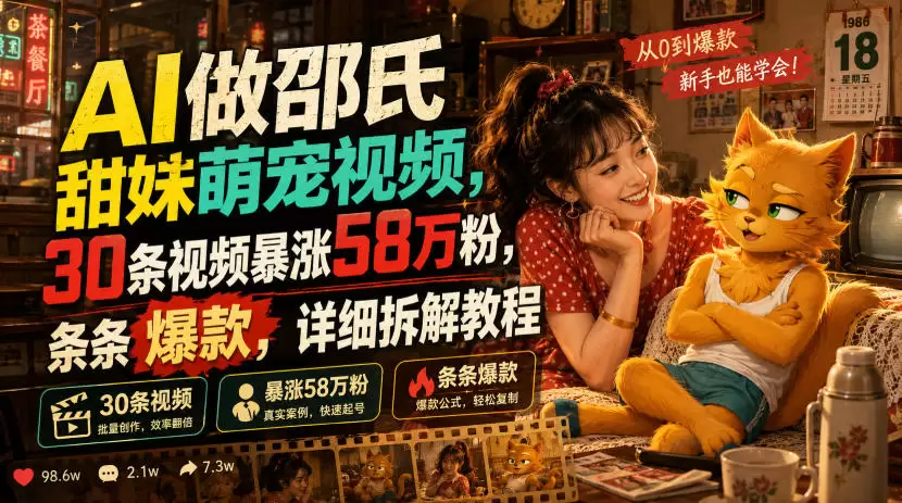 AI做邵氏甜妹萌宠视频，30条视频暴涨58万粉，条条爆款，详细拆解教程|青心网创站