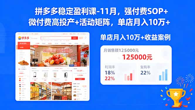 拼多多稳定盈利课-11月,强付费SOP+微付费高投产+活动矩阵,单店月入10万+-青心网创站