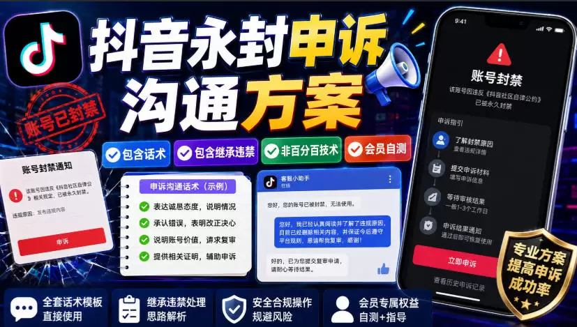 抖音永封申诉沟通方案，包含话术，包含继承违禁，非百分百技术，会员自测|青心网创站