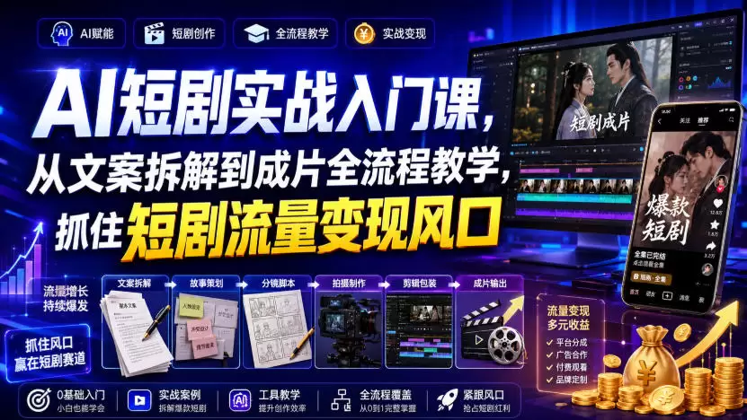 AI短剧实战入门课，从文案拆解到成片全流程教学，抓住短剧流量变现风口|青心网创站