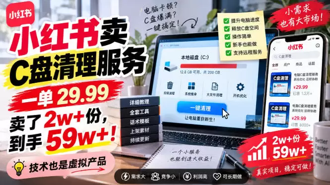 小红书卖C盘清理服务，一单29.99，卖了2w+份，技术也是虚拟产品 - 青心资源站