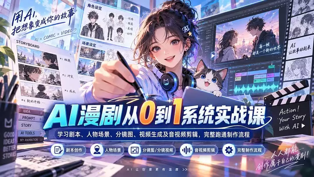 （20430期）AI漫剧从0到1系统实战课：学习剧本、人物场景、分镜图、视频生成及音视频剪辑，完整跑通制作流程|青心资源站