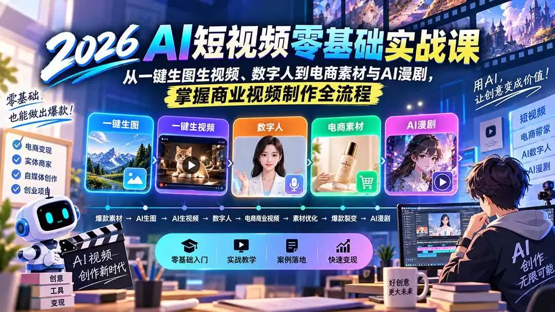 （20263期）2026AI短视频零基础实战课：从一键生图生视频、数字人到电商素材与AI漫剧，掌握商业视频制作全流程 - 青心资源站