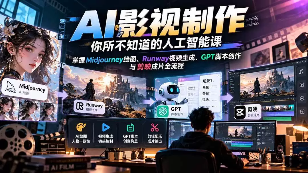 （20681期）AI影视制作-你所不知道的人工智能课，掌握Midjourney绘图、Runway视频生成、GPT脚本创作与剪映成片全流程 - 青心资源站