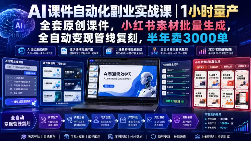 AI课件自动化副业实战课|1小时量产全套原创课件,小红书素材批量生成,全自动变现管线复刻,半年卖3000单 AI课件自动化副业实战课|1小时量产全套原创课件,小红书素材批量生成,全自动变现管线复刻,半年卖3000单