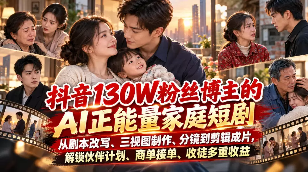 抖音130W粉丝博主的AI正能量家庭短剧，从剧本改写、三视图制作、分镜到剪辑成片，解锁伙伴计划、商单接单、收徒多重收益 - 青心资源站