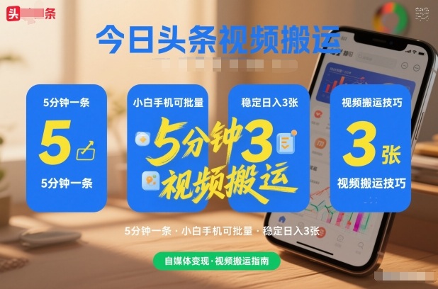 今日头条视频搬运，5分钟一条，小白手机可批量，稳定日入3张青心网创青心网创站
