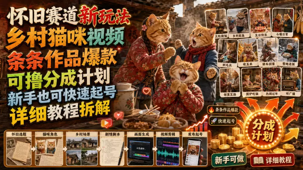 怀旧赛道新玩法，乡村猫咪视频，条条作品爆款，可撸分成计划，新手也可快速起号，详细教程拆解|青心网创站
