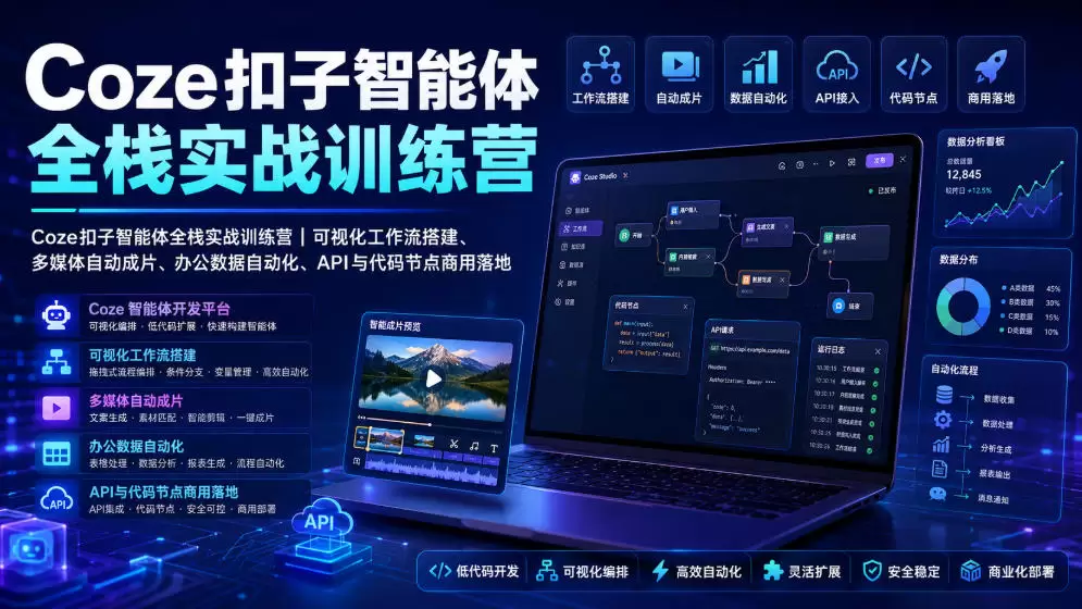 Coze扣子智能体全栈实战训练营｜可视化工作流搭建、多媒体自动成片、办公数据自动化、API与代码节点商用落地|青心网创站