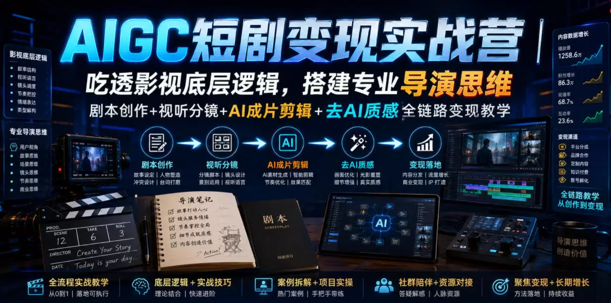 AIGC短剧变现实战营｜吃透影视底层逻辑，搭建专业导演思维，剧本创作+视听分镜+AI成片剪辑+去AI质感全链路变现教学|青心网创站