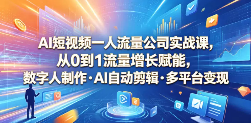 AI短视频一人流量公司实战课，从0到1流量增长赋能，数字人制作・AI自动剪辑・多平台变现，一人做流量生意全落地教程|青心网创站