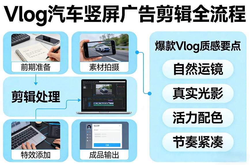 Vlog感觉汽车竖屏广告剪辑脚本全流程，拿捏爆款Vlog质感青心网创青心网创站
