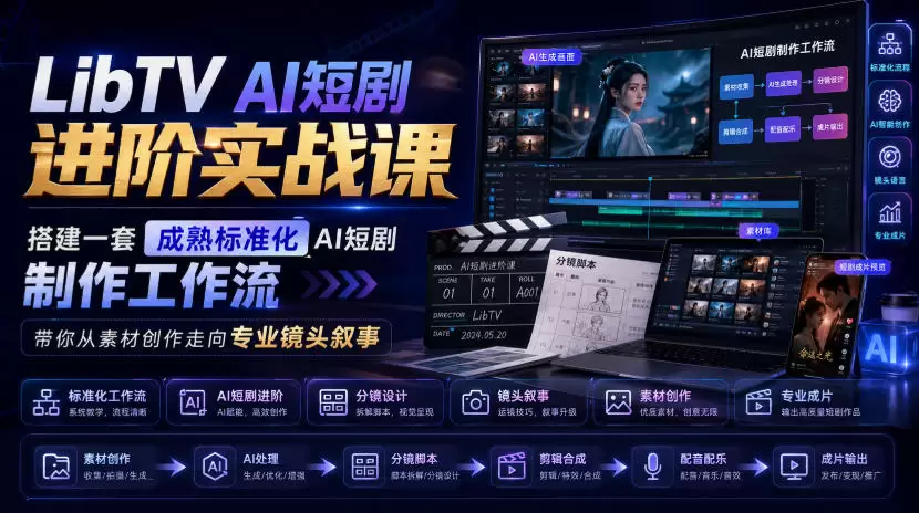 LibTV AI短剧进阶实战课，搭建一套成熟标准化AI短剧制作工作流，带你从素材创作走向专业镜头叙事|青心网创站