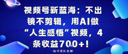 视频号新蓝海:不出镜不剪辑,用AI做“人生感悟”视频,4条收益7张