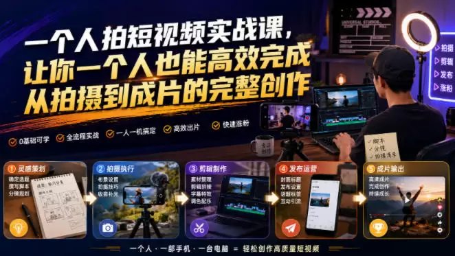 一个人拍短视频实战课，让你一个人也能高效完成从拍摄到成片的完整创作|青心网创站