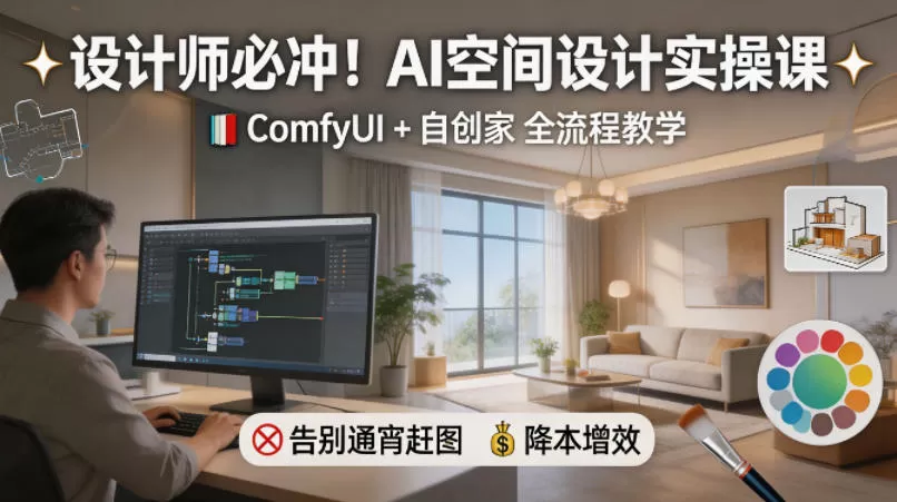 设计师必冲！AI空间设计实操课，ComfyUI+自创家全教学，告别通宵赶图，降本增效|青心网创站
