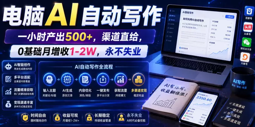 电脑AI自动写作，一小时产出500+，渠道直给，0基础月增收1-2W，永不失业【揭秘】|青心网创站