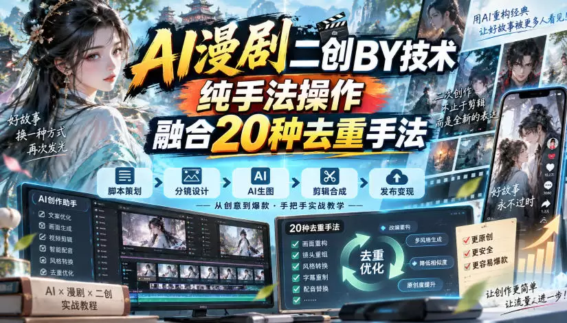 AI漫剧二创搬运技术,纯手法操作,融合20种去重手法 AI漫剧二创搬运技术,纯手法操作,融合20种去重手法