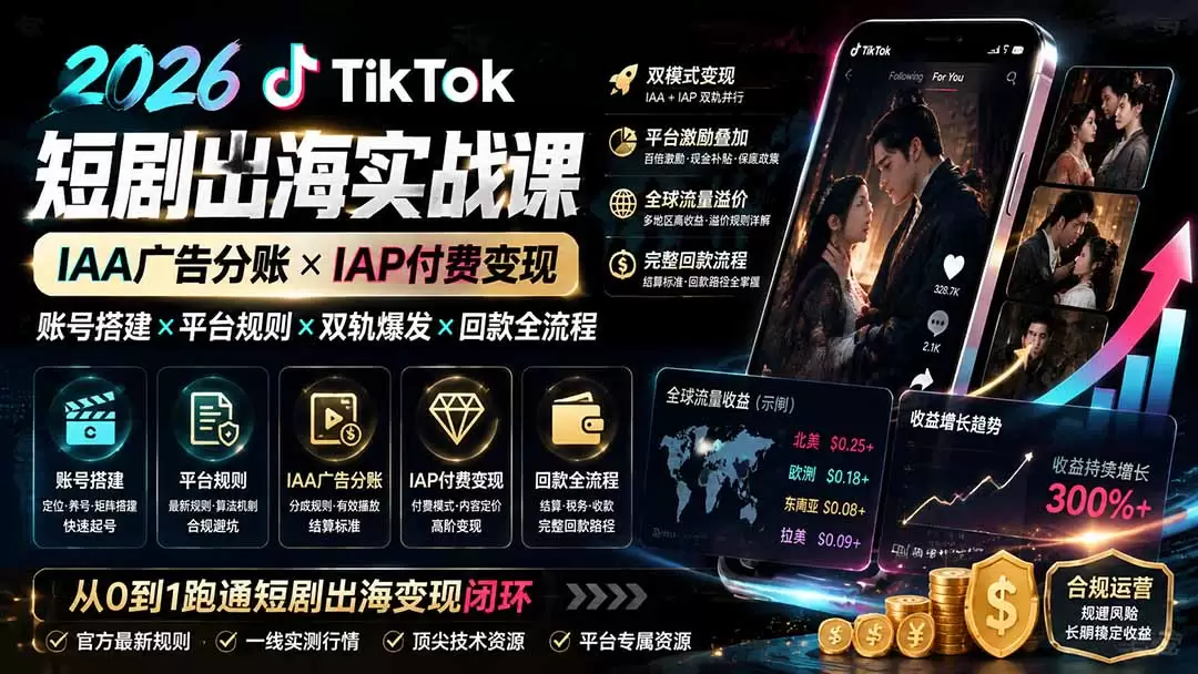 2026TikTok短剧出海实战课：IAA广告分账×IAP付费变现×账号搭建×平台规则×双轨爆发×回款全流程|青心网创站