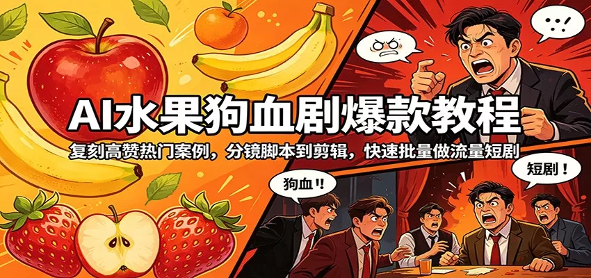 AI水果狗血剧爆款教程：复刻高赞热门案例，分镜脚本到剪辑，快速批量做流量短剧|青心网创站