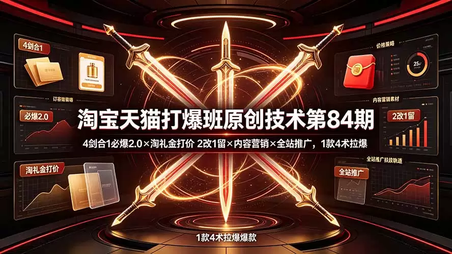 淘宝天猫打爆班原创技术第84期：4剑合1必爆2.0×淘礼金打价×2改1留×内容营销×全站推广，1款4术拉爆|青心网创站