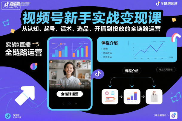 视频号新手实战变现课，从认知、起号、话术、选品、开播到投放的全链路运营-青心网创站