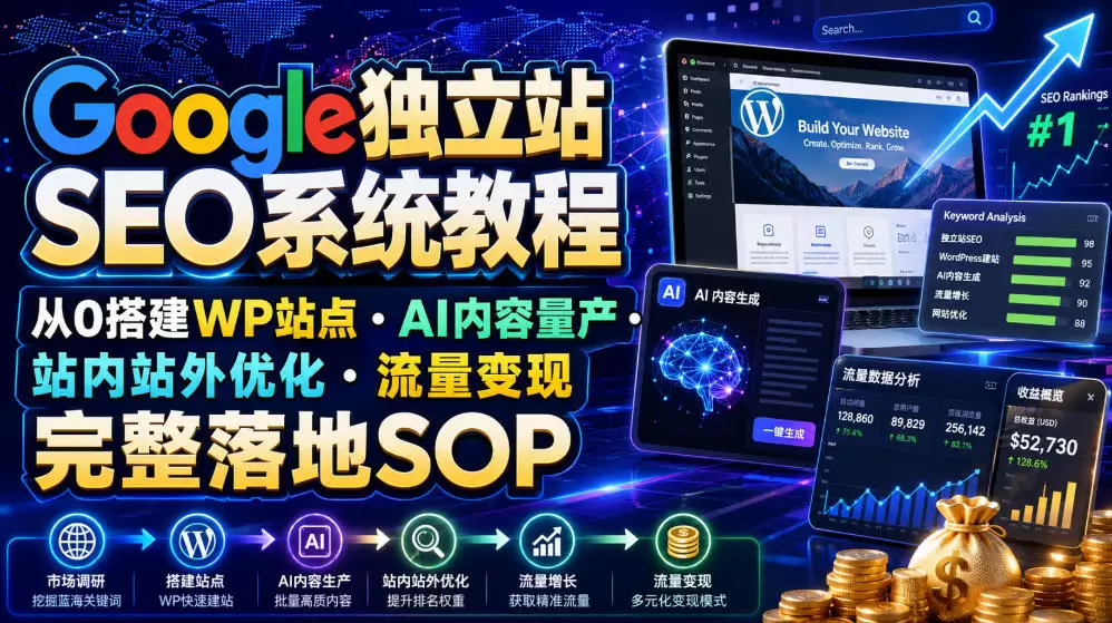 Google独立站SEO系统教程，从0搭建WP站点・AI内容量产・站内站外优化・流量变现完整落地SOP(2026年7月)|青心网创站