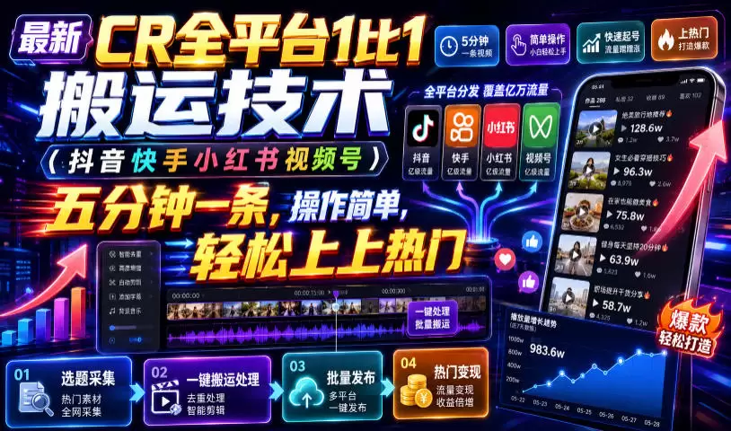 最新CR全平台1比1搬运技术（抖音快手小红书视频号）五分钟分钟一条，操作简单，轻松上热门（教程+软件+参数）|青心网创站