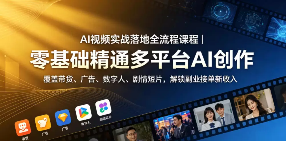 AI视频实战落地全流程课程｜零基础精通多平台AI创作，覆盖带货、广告、数字人、剧情短片，解锁副业接单新收入|青心网创站