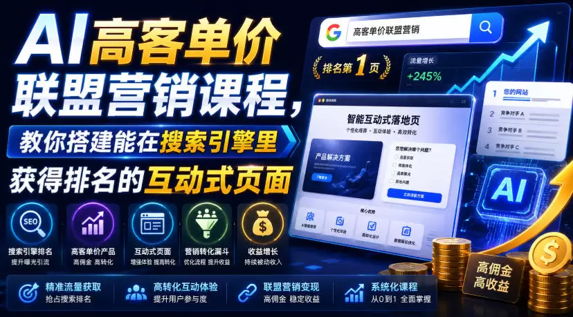 AI高客单价联盟营销课程，教你搭建能在搜索引擎里获得排名的互动式页面，引来流量，把访客转化为高佣金的成交【原创双语字幕】|青心网创站
