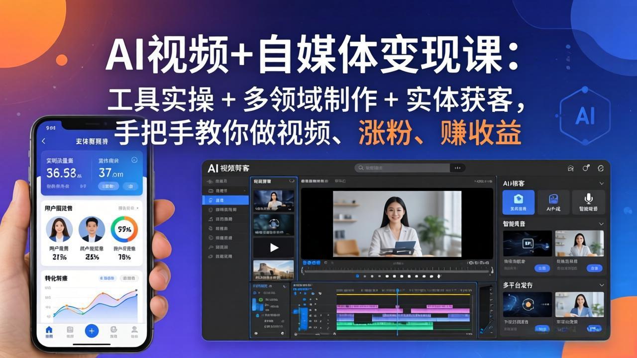 AI视频+自媒体变现课：工具实操 + 多领域制作 + 实体获客，手把手教你做视频、涨粉、赚收益|青心网创站