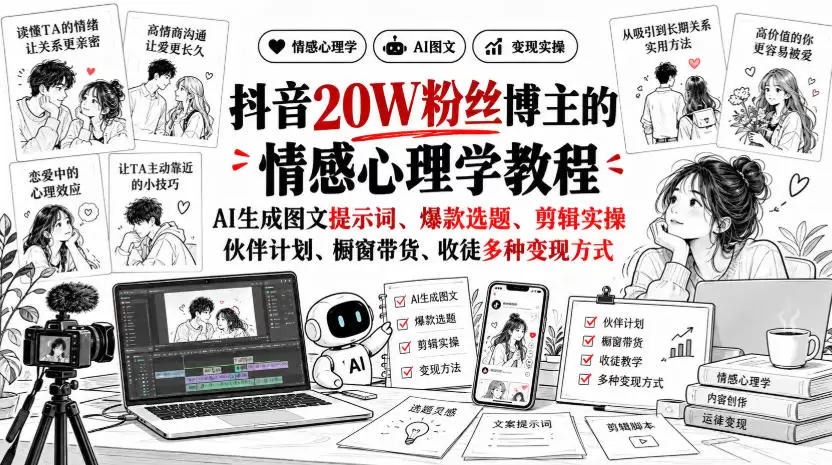 抖音20W粉丝博主的情感心理学教程，AI生成图文提示词、爆款选题、剪辑实操，伙伴计划、橱窗带货、收徒多种变现方式 - 青心资源站