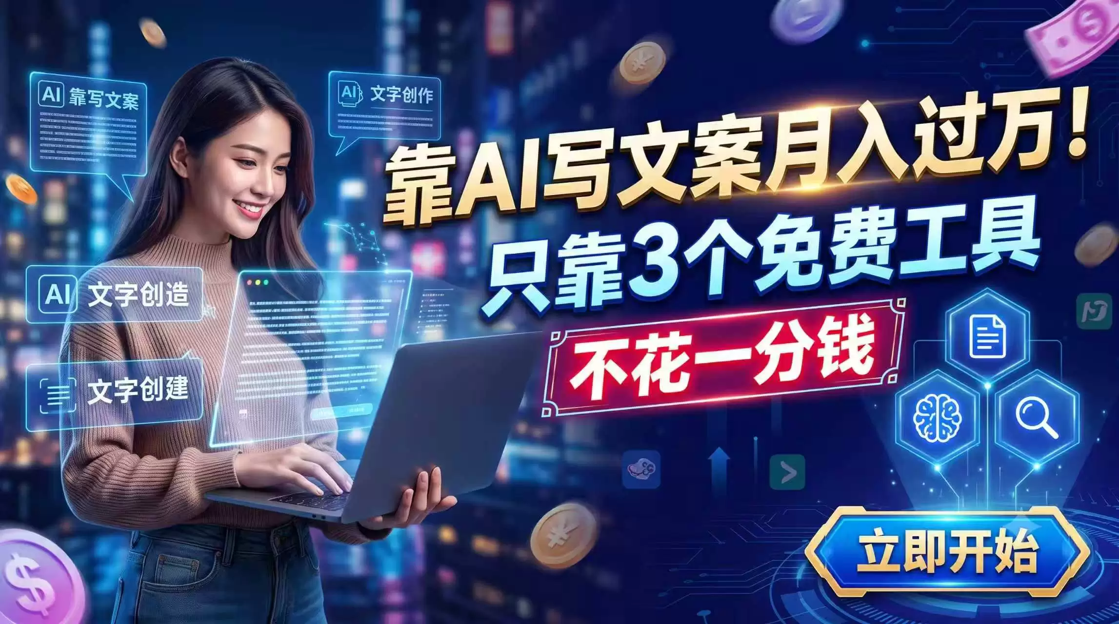 靠AI写文案月入过万，只靠3个免费工具，不花一分钱|青心网创站