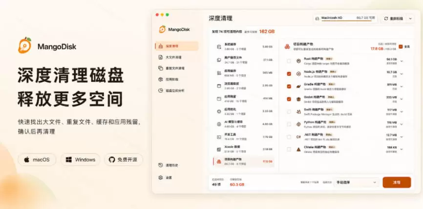 在Gtihub上做出10万stars的大神,又发布新项目了!一键让磁盘更干净,开源免费清理工具MangoDisk 在Gtihub上做出10万stars的大神,又发布新项目了!一键让磁盘更干净,开源免费清理工具MangoDisk