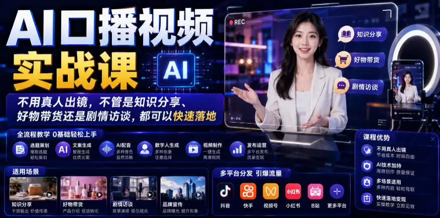 AI口播视频实战课，不用真人出镜，不管是知识分享、好物带货还是剧情访谈，都可以快速落地|青心网创站