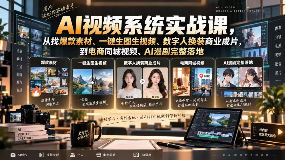 AI视频系统实战课，从找爆款素材、一键生图生视频、数字人换装商业成片，到电商同城视频、AI漫剧完整落地 - 青心资源站