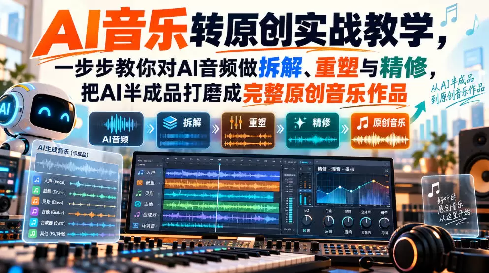AI音乐转原创实战教学，一步步教你对AI音频做拆解、重塑与精修，把AI半成品打磨成完整原创音乐作品 - 青心资源站