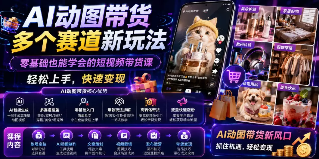 AI动图带货多个赛道新玩法，零基础也能学会的短视频带货课，轻松上手，快速变现|青心网创站